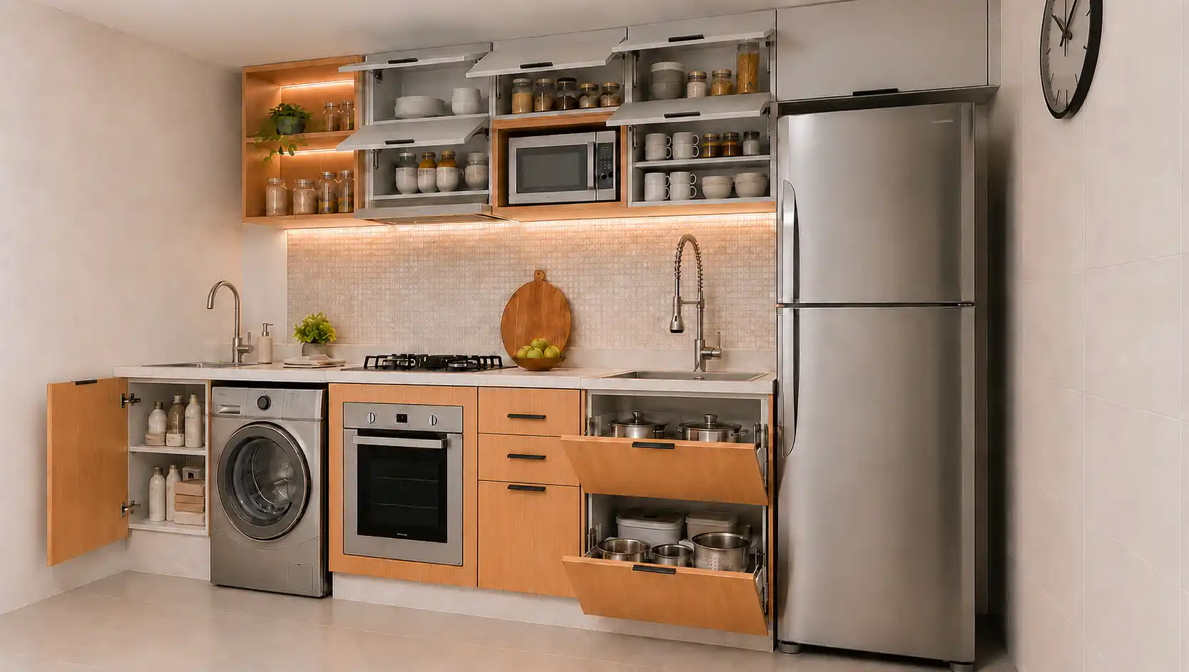 Cozinha planejada aberta mostrando o interior dos armários