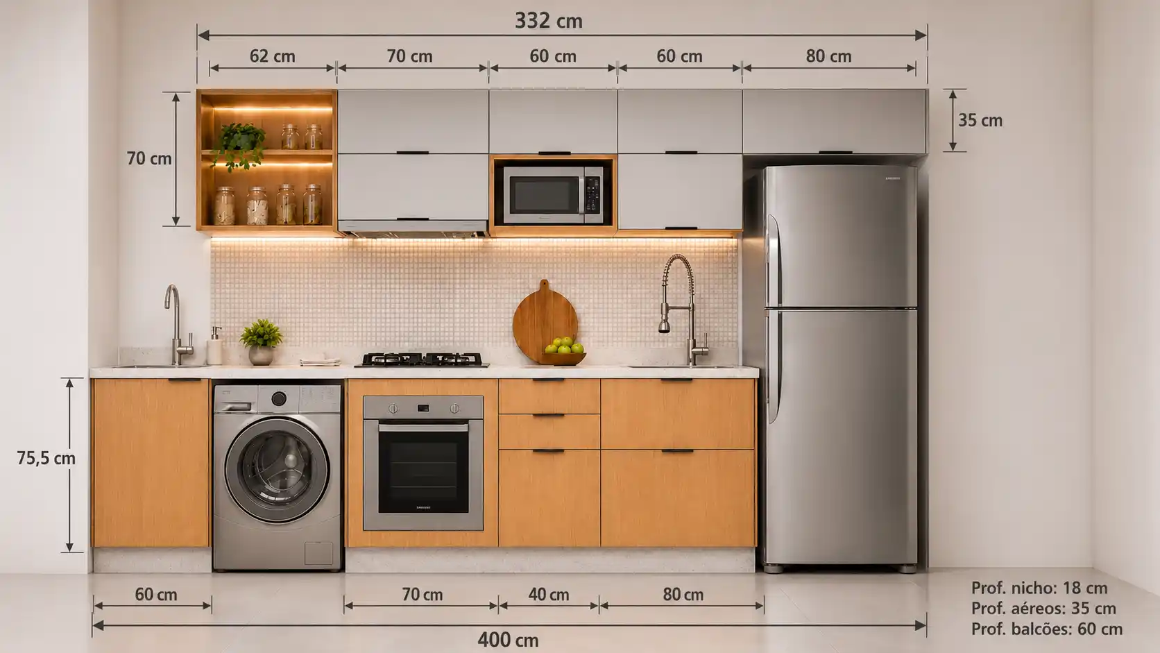 Cozinha planejada vista de frente com medida total de quatro metros