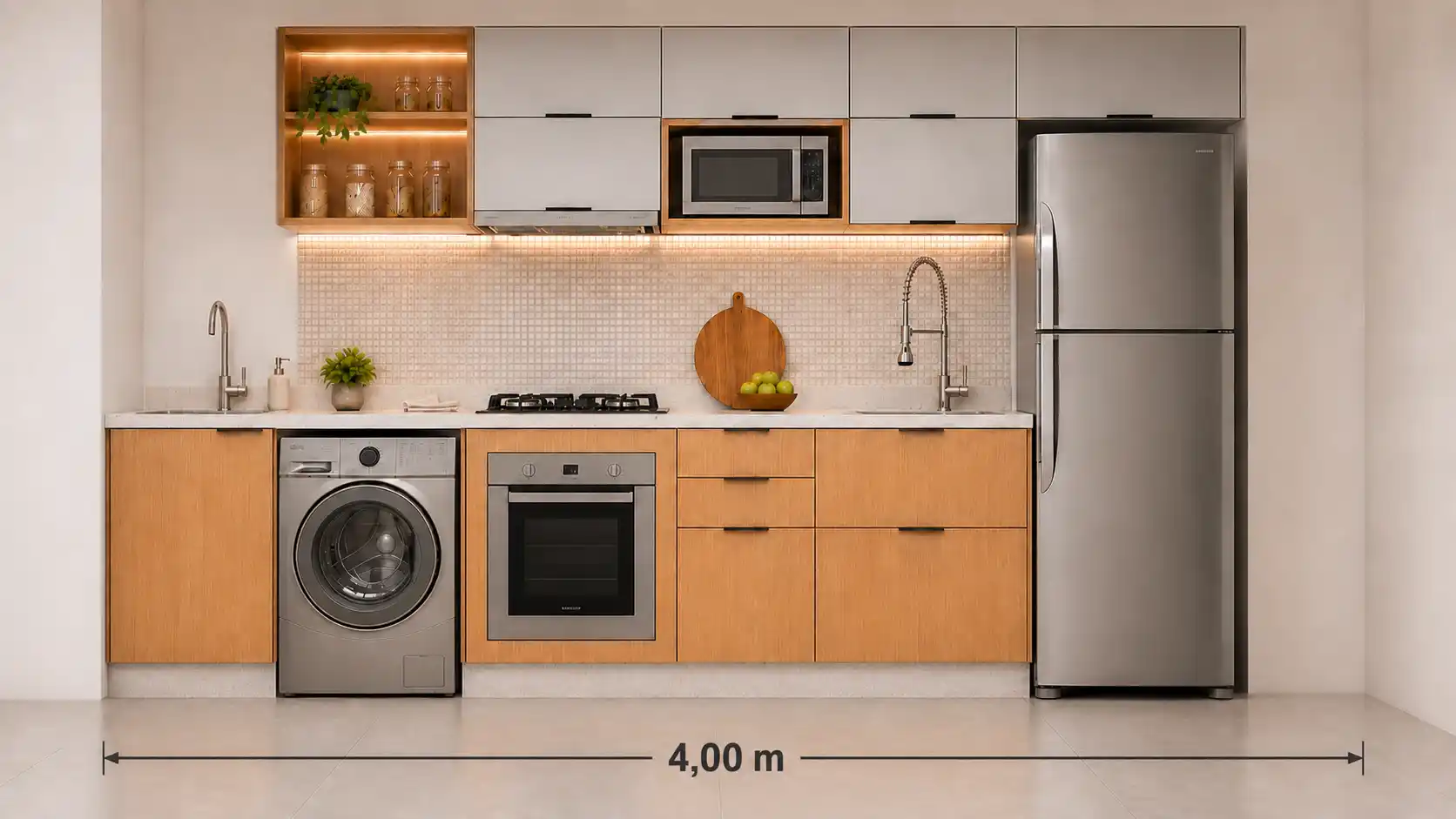 Cozinha planejada vista de frente com medida total de quatro metros