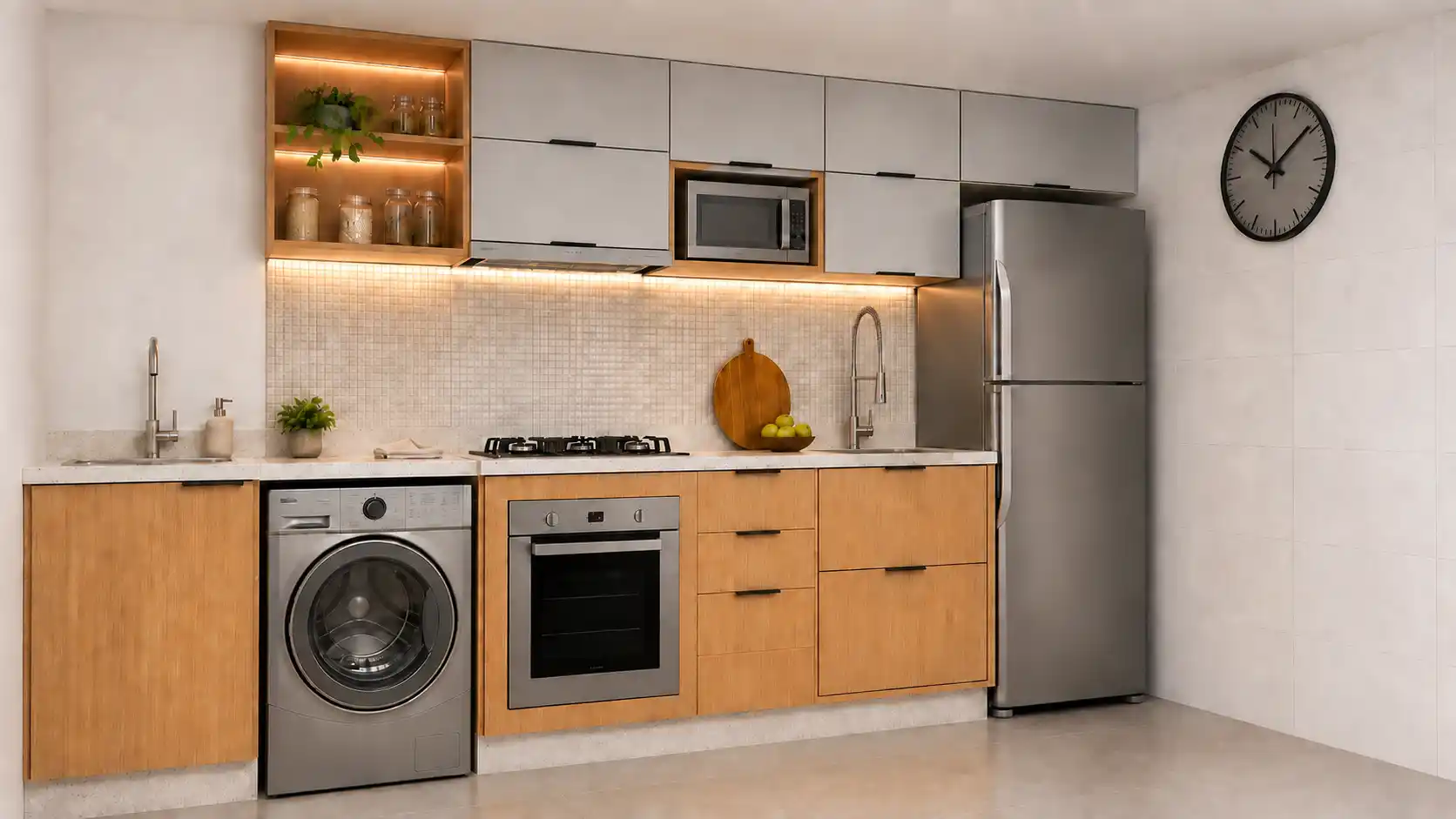 Cozinha planejada fechada com lavanderia integrada